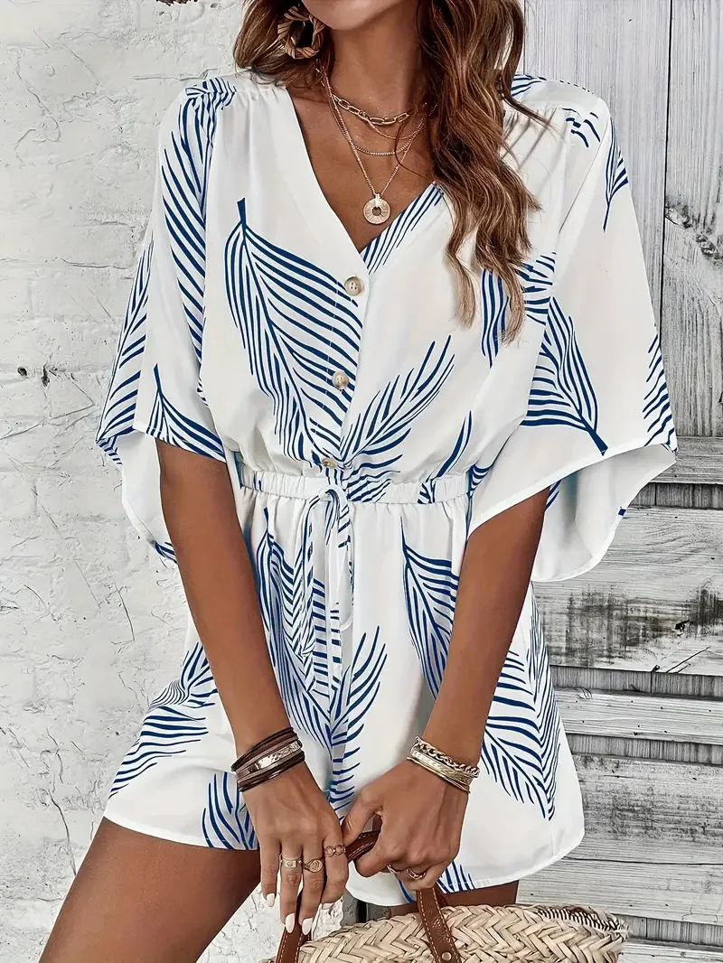 

Комбинезон Qx 34567 2025 Комбинезон 2xl Женский комбинезон Элегантный цветочный принт на пуговицах с v-образным вырезом и галстуком