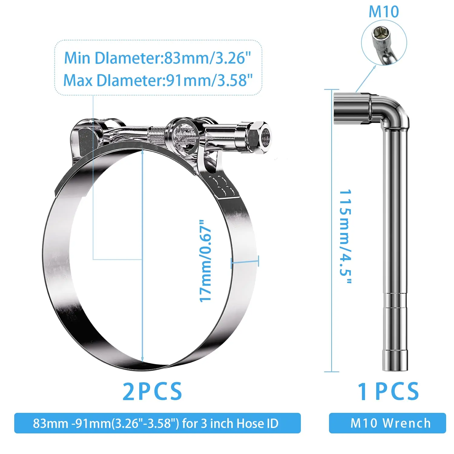 2PCS T Bolt Hose Clamps with Wrench 34-120mm 304 Stainless Steel Turbo Intake Intercooler Clamps Exhaust Pipe Clamp Repair Tool