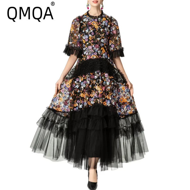 QMQA Fashion Women's Evening Dresses Round Neck Short Sleeve Spliced Embroidered Colorful Sequin Party Dress 2026 Summer QM1172