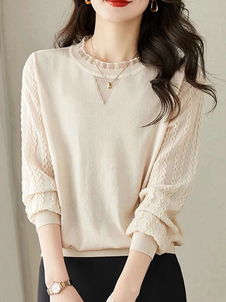 

Повседневная кружевная основа irt, свободный крой, шерстяной вязаный топ для похудения, универсальный накладный корейский длинный све, обычная длина