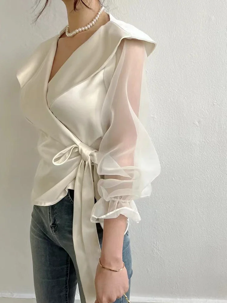 Perspective Gauze Patchwork Flare Sleeve Shirts Turn-down Collar Gloss Satin Blouse Women Korean Chic Belt Slim Wasit Solid Tops