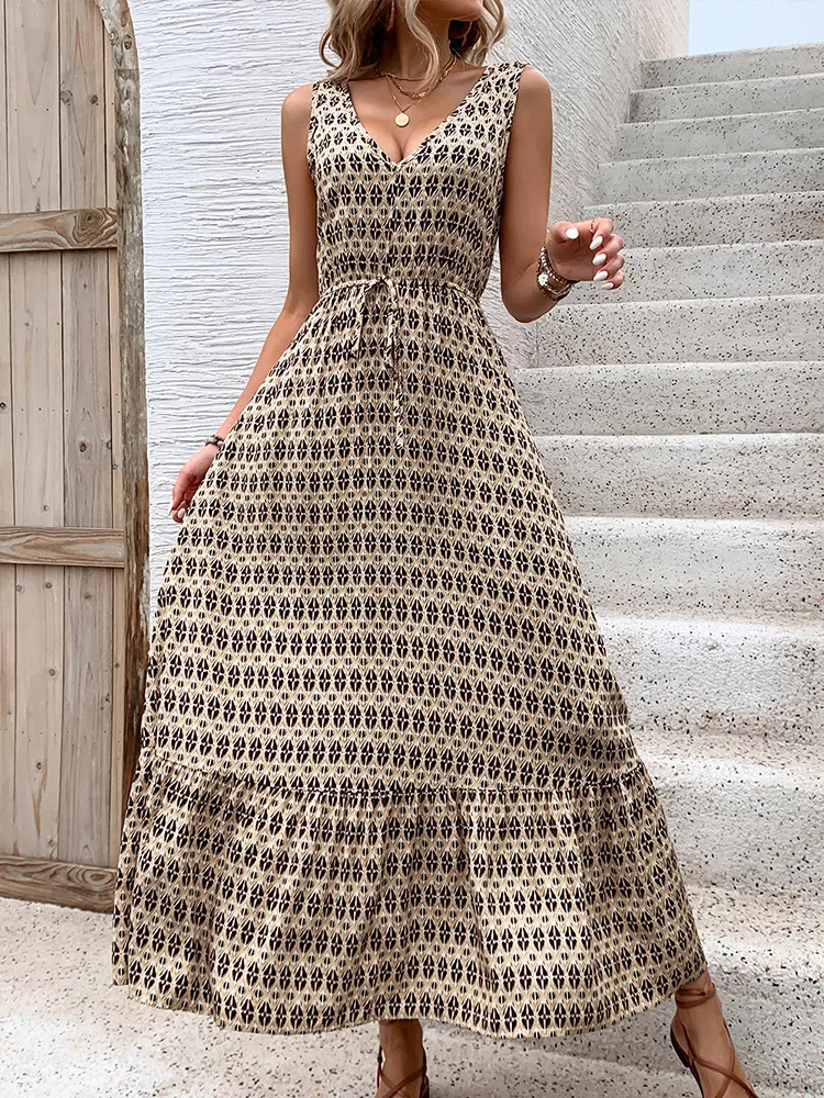 

Women's Dress 2025 Fashion Spring and Summer Latest Hot Selling Style Elegant Sexy New Summer Diamond Printed Sleeveless Dress