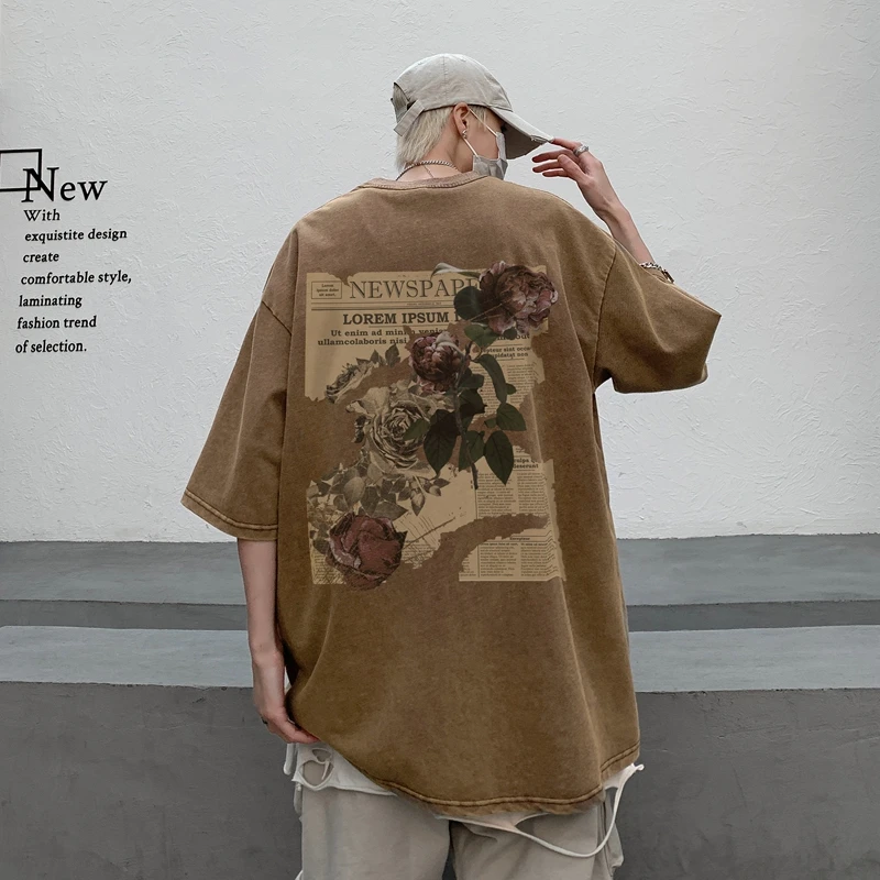 Trendy street style Rose flower poster printing washed distressed cotton short-sleeved oversize M-5XL high street loose T-shirt