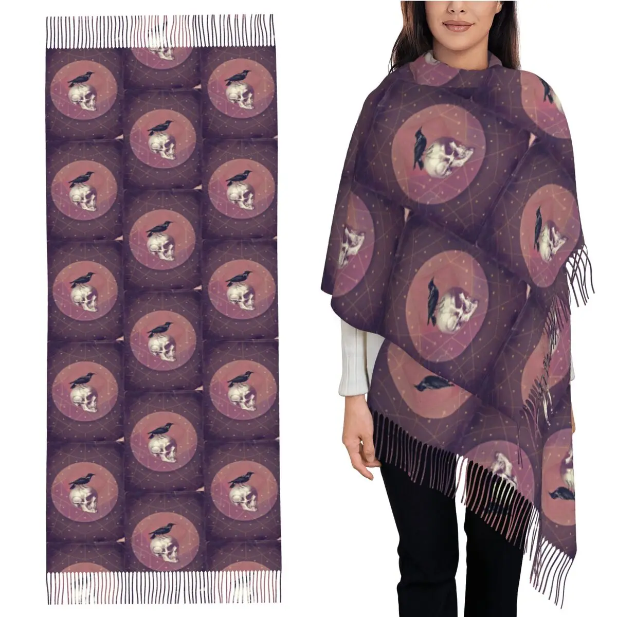 

Crow And Skull Collage Scarf Tassel Scarves Women Soft Warm Shawls and Wraps Large Fall Winter Shawl Wrap