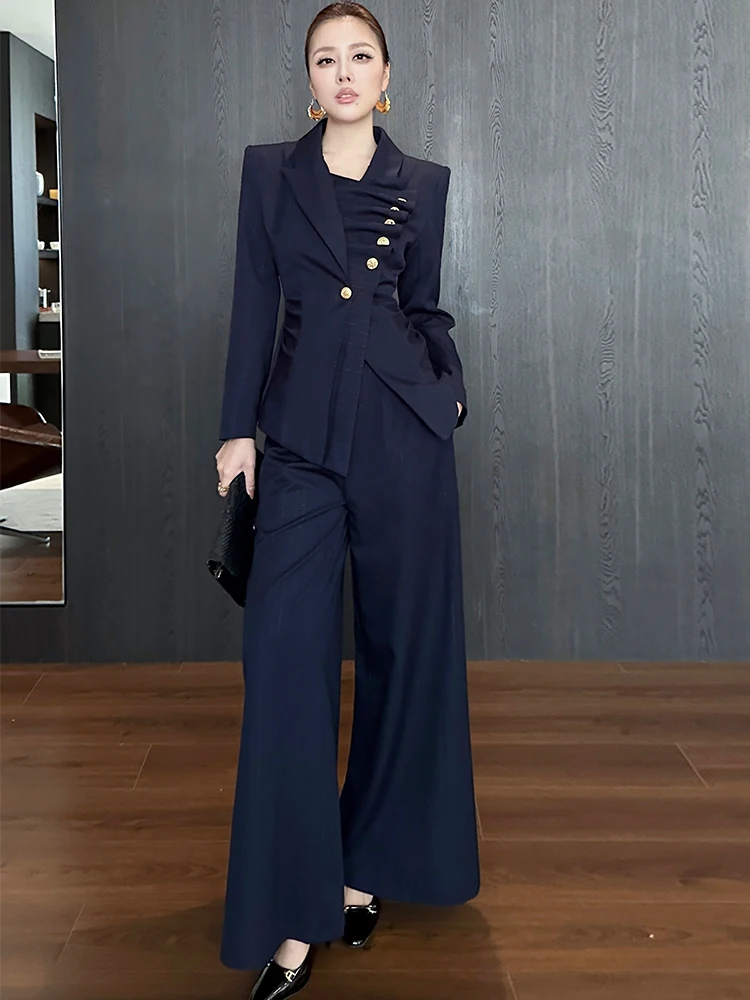 

Костюм женский приталенный с длинным рукавом, брюки с высокой талией и широкими штанинами, комплект из двух предметов класса люкс, осенне-зимний