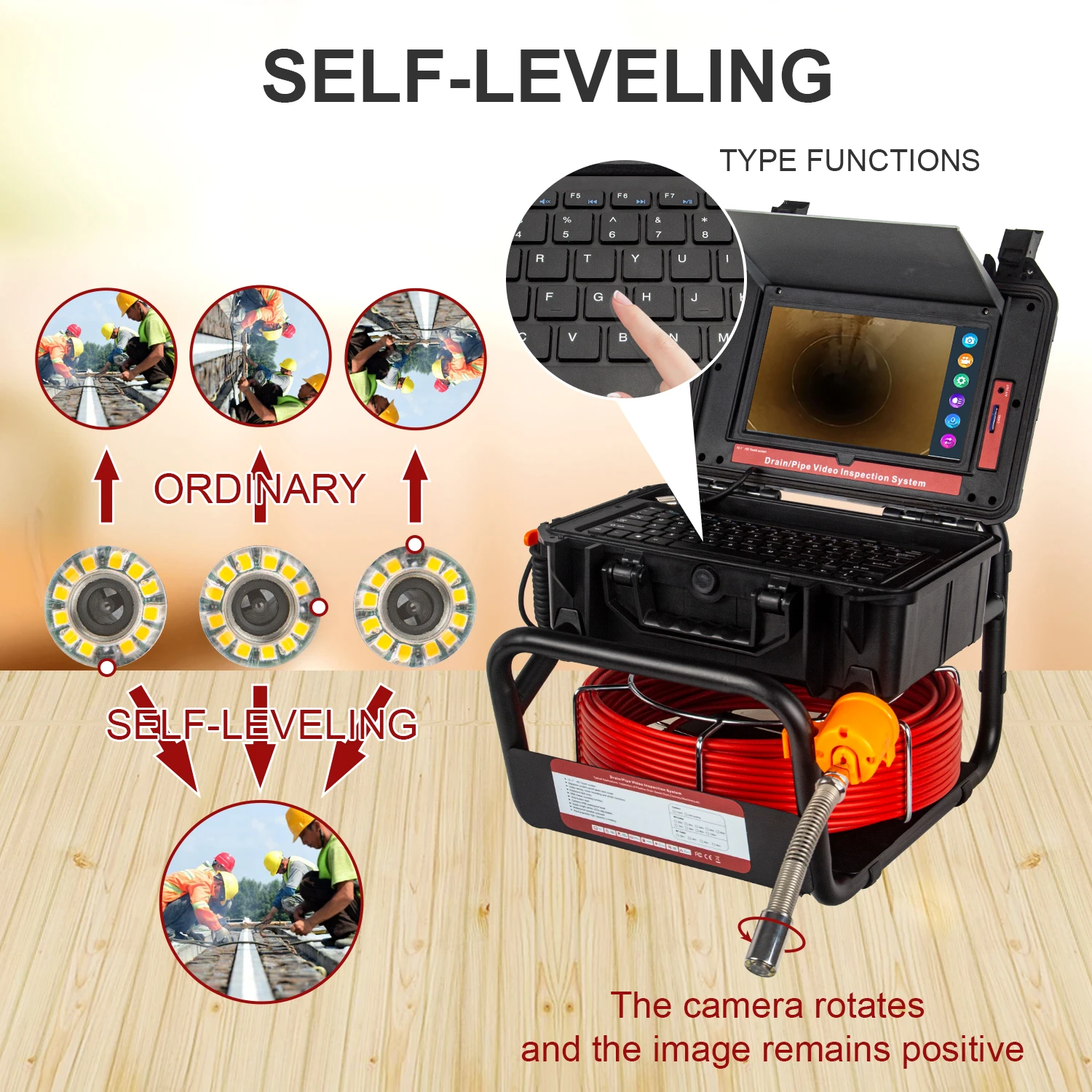 Soft 50 Meter 7mm Cable HD 1080P 10.1inch Soft Snake Inspection Camera 512HZ Self-Leveling Meter Counter VideoRecording Endoscop