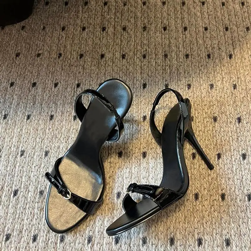 2025 New Versatile Open Toed Round Head Rear Tripping Strap One Word Strap Metal Buckle High Heel Sandals for Women