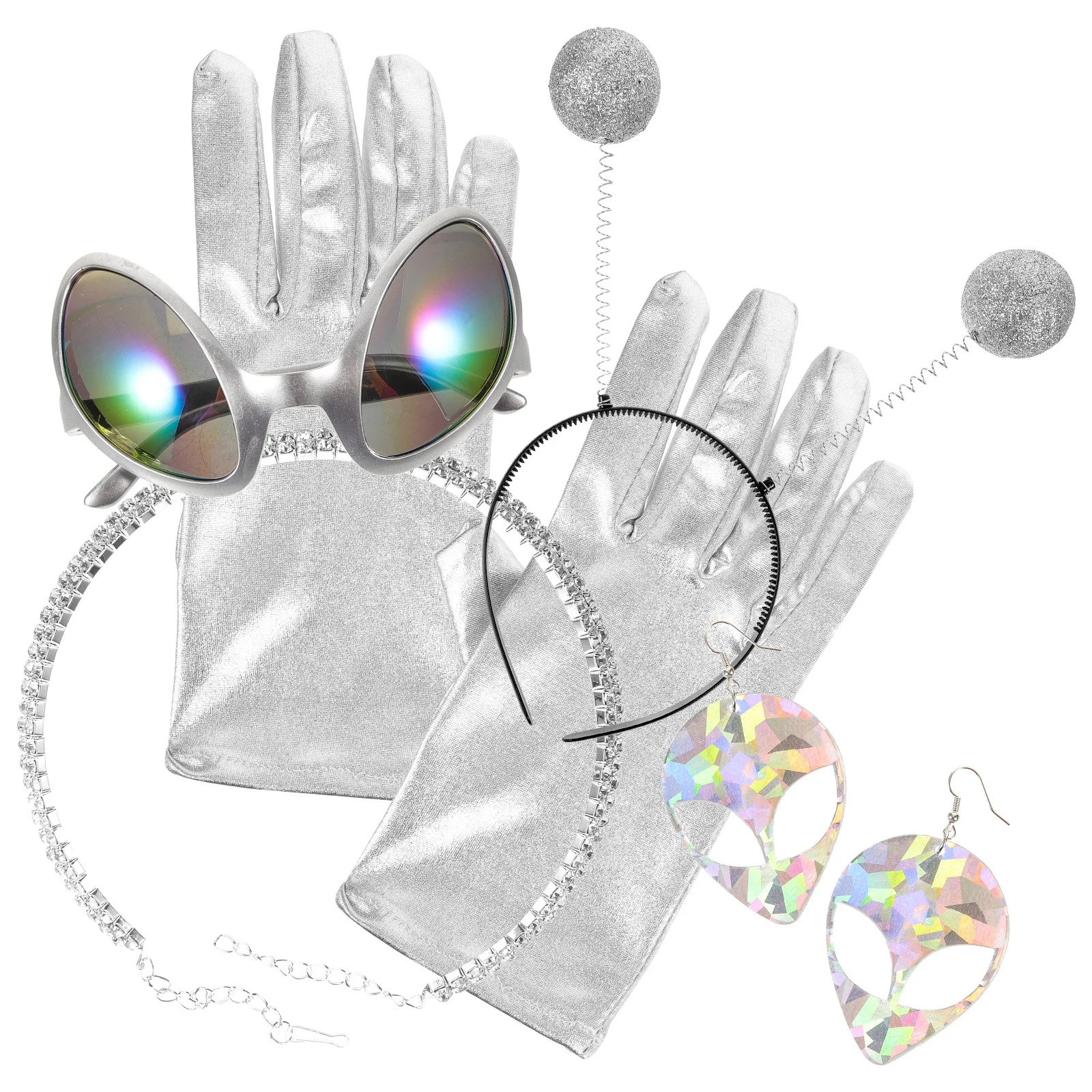 1 Set Party Stirnband Brille Handschuhe Halskette Ohrringe Cosplay Kostüm Zubehör Alien Antenne Requisiten Festival Event