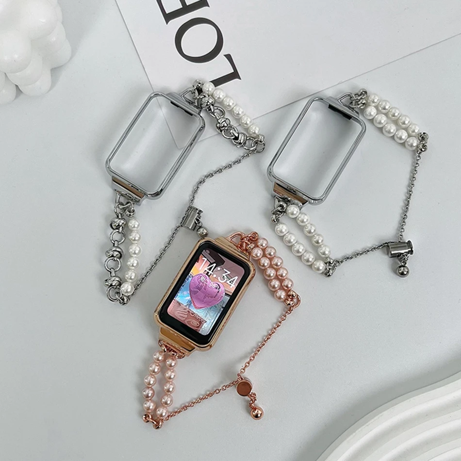 สายโลหะสำหรับ Xiaomi Mi Band 7 Pro สายนาฬิกาพร้อมสายรัดข้อมือแฟชั่น INS ผู้หญิงหรูหราสร้อยข้อมือโซ่มุก Miband 7 Pro