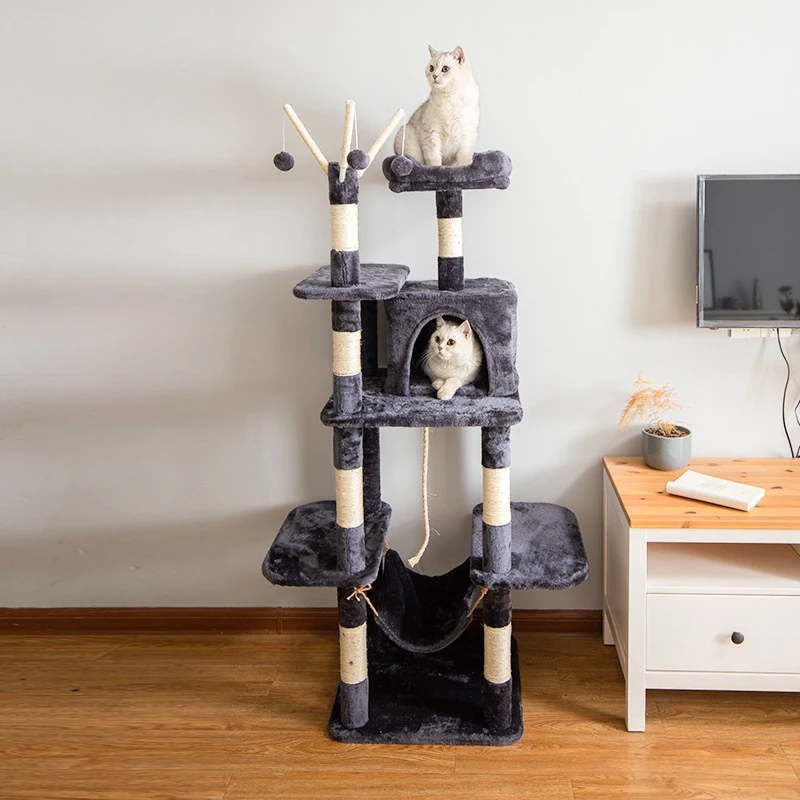 

Flannel Fabric Cover Cat Tree House Wood Cat Tower Cozy Pet Cat Bed Hammock Multi-layer Kitten Condo Cat Scratching Posts