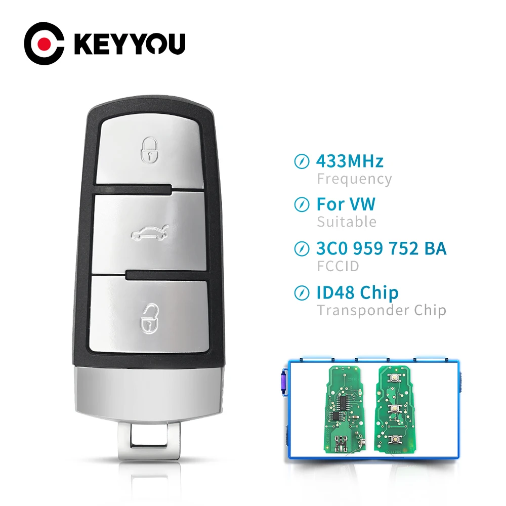 KEYYOU 3C0959752BA 3BT Keyless Uncut Smart Remote Key Fob 433MHZ ID48 Chip For VolksWagen VW Passat B6 3C B7 Magotan CC Car Key