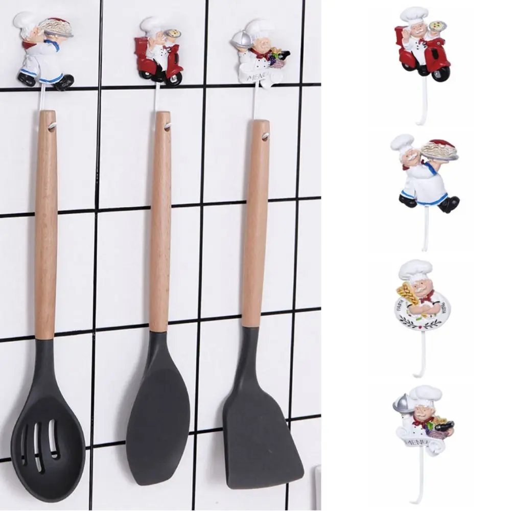 4pcs Funny Waterproof Cartoon Chef Hooks Resin Plastic Chef's Bread Hooks Wall Hanging Decorative Sticky Hooks for Home