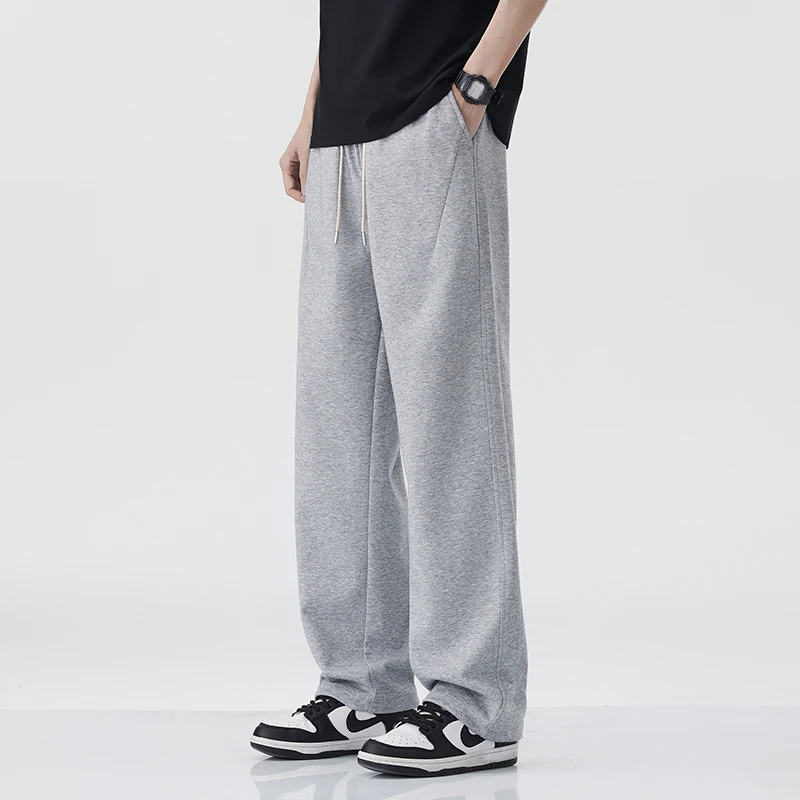 

2025 New in Spring Casual Pants Man Drawstring Elastic Waist Sweatpants Male Straight Fit Wide Leg Sport Trouser Grey Vintage