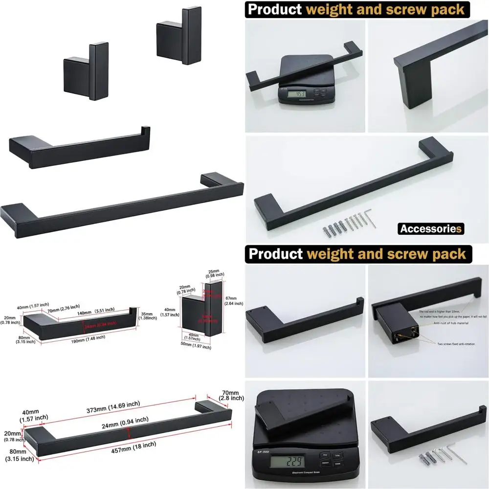 

Modern Matte Black Bathroom Accessory Set: 18 Towel Bar, Tissue Holder, 2 Hooks