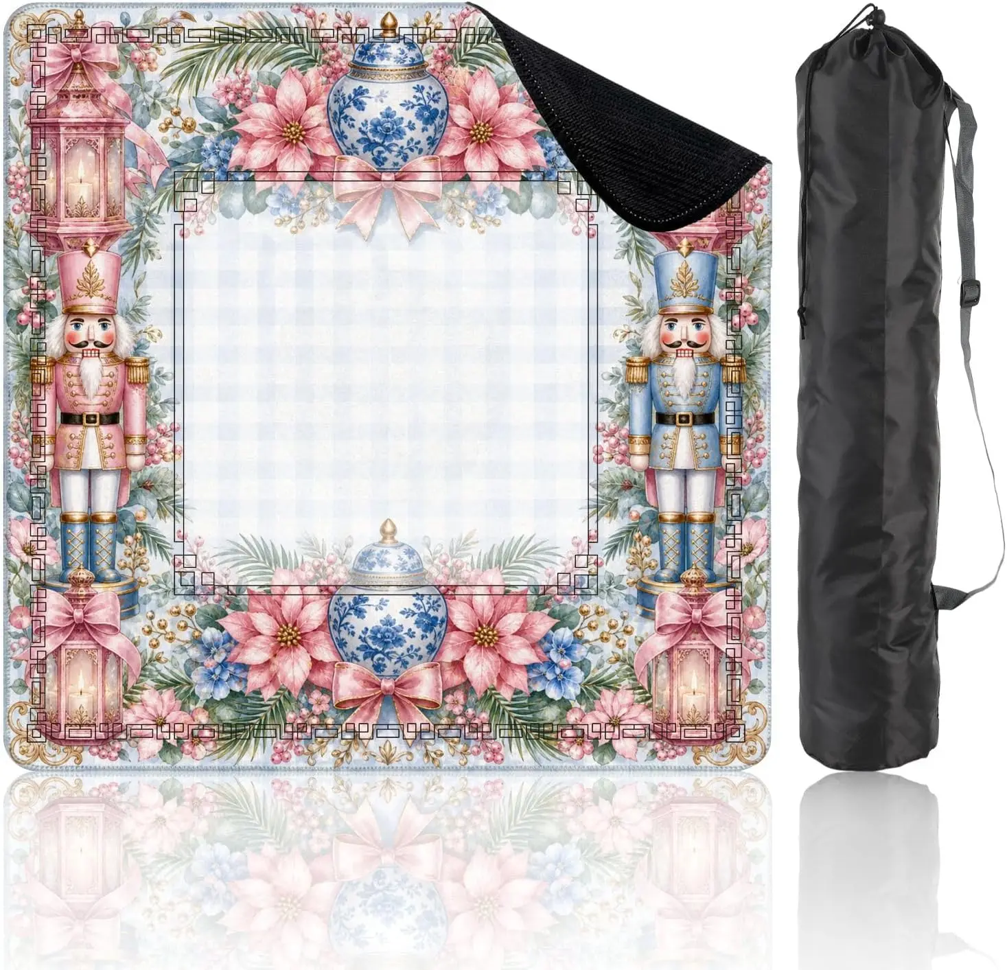 Watercolor Nutcracker Christmas Mahjong Mat 31.5x31.5 Vintage Lantern Floral Garland Frame Non‑slip Noise Reduction Table Cloth