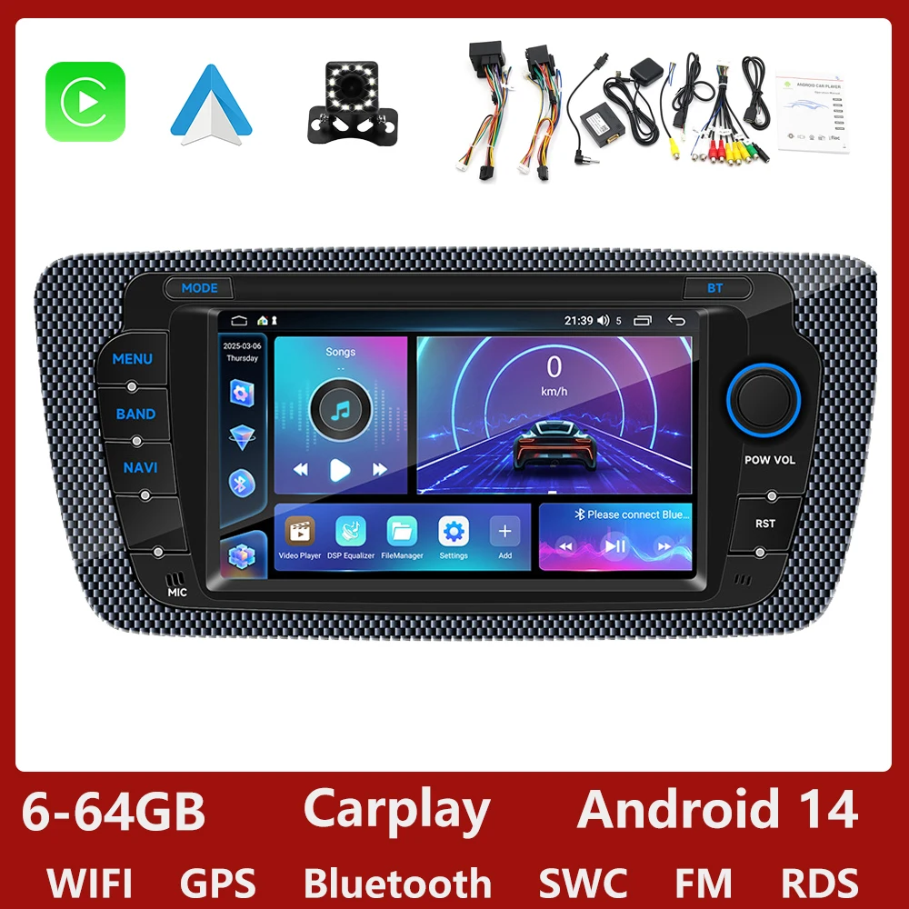 GEARELEC 64G Android 13 Autoradio CarPlay Voor Seat Ibiza 6j 2009 2010 2011 2012 2013 2009-2013 Autoradio WIFI GPS RDS Audio Multimedia Speler - afbeelding 1