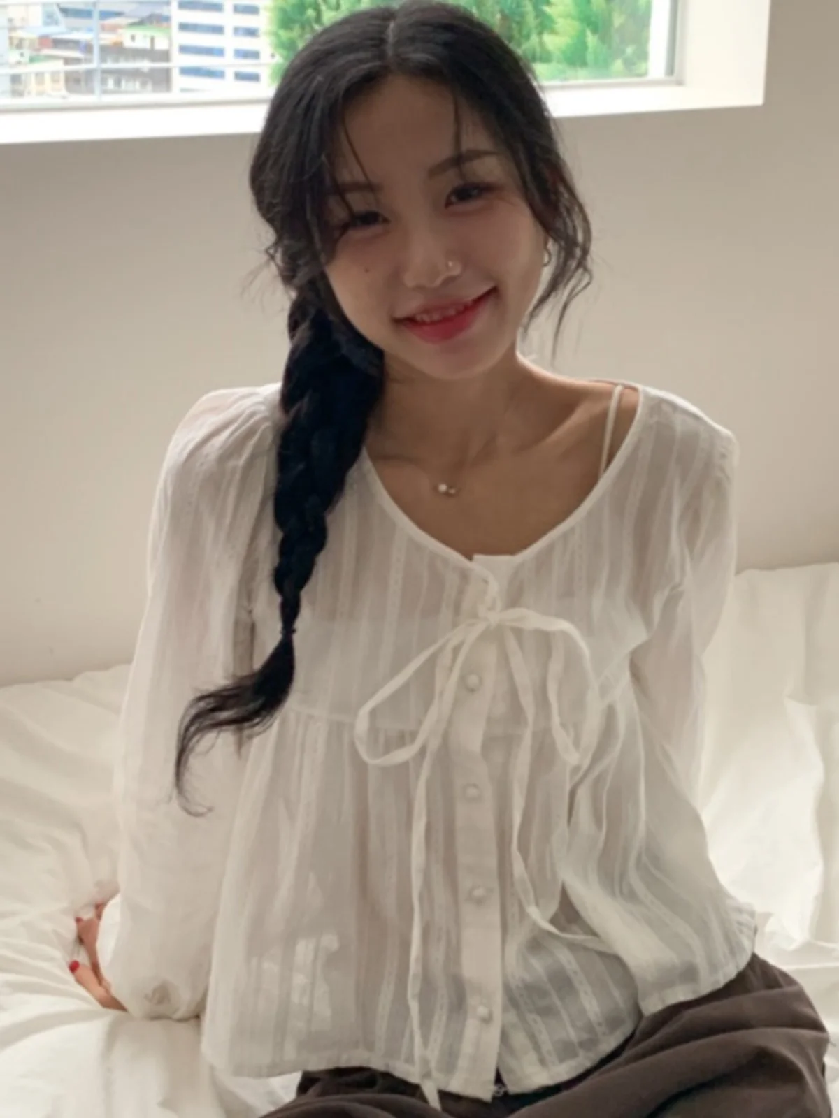 

Korean Sle Sweet Fre White irt Women's Faionable ort Design Spring New Sle Ele Bowed Blouse Commute Sle Loo...