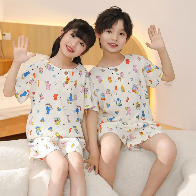 Children\'s Pajamas Homewear Set Girls Boys Summer Short-Sleeved Round Neck Pullover Comfortable Skin-Friendly Cute Homewear Set