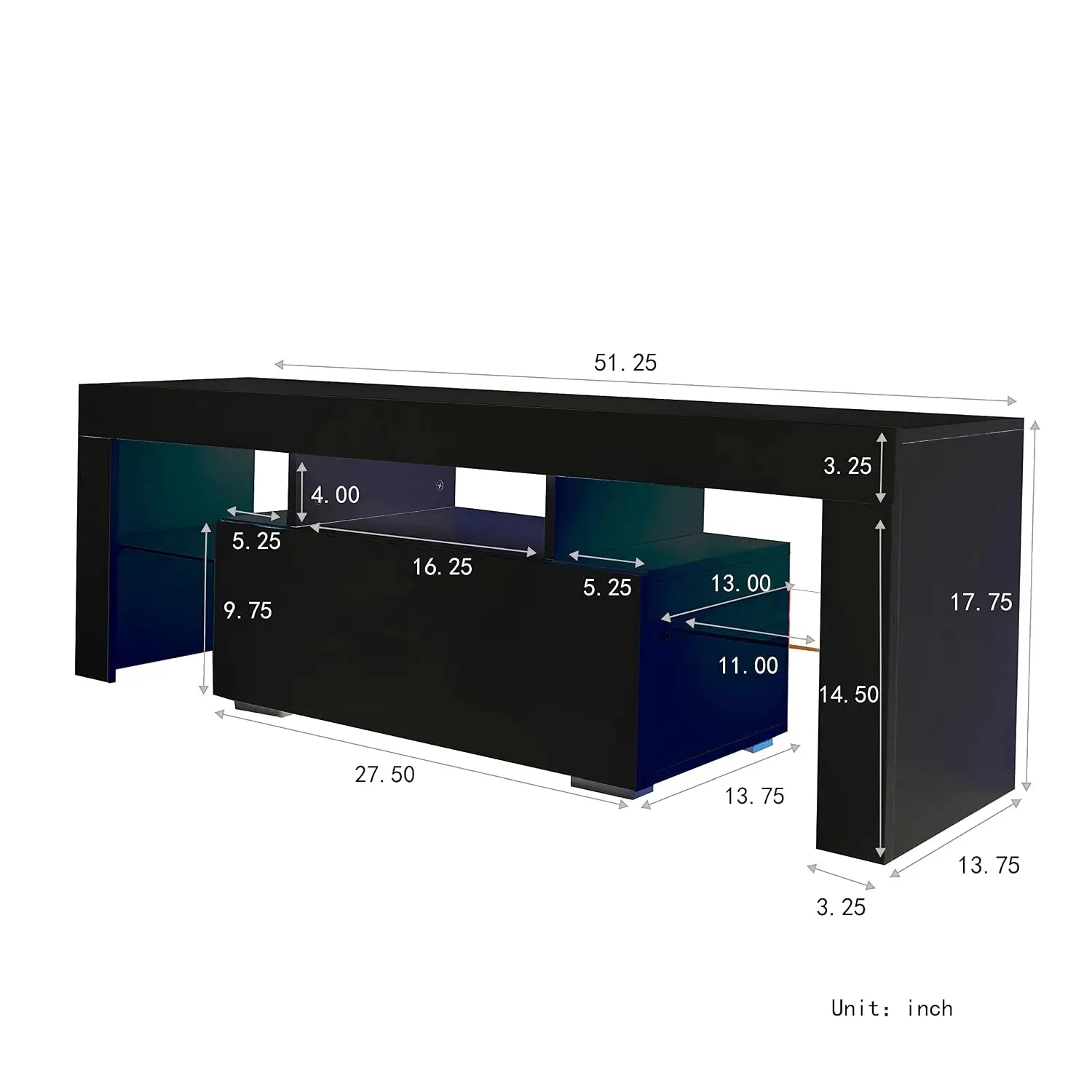 LED Gaming TV Stand With Drawer & Open Shelves, Black Console For Living Room Bedroom, Fits 32-55 Inch, Customized