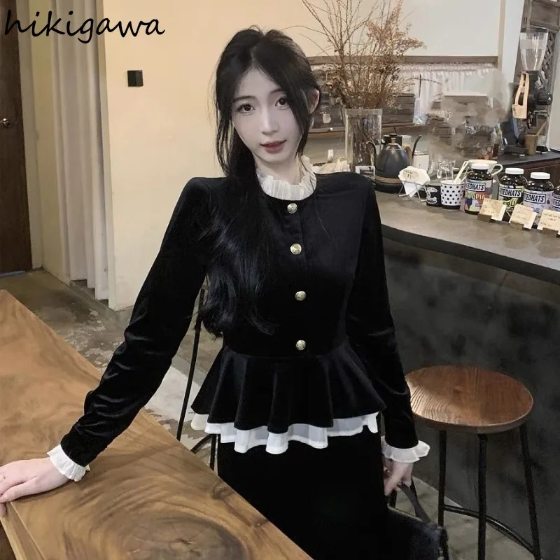 

2025 Women's Clothes Vintage 2 Piece Sets Patchwork Ruffles Shirt High Waist Tunic Skirt Suit Korean Velvet Temperament Outfits