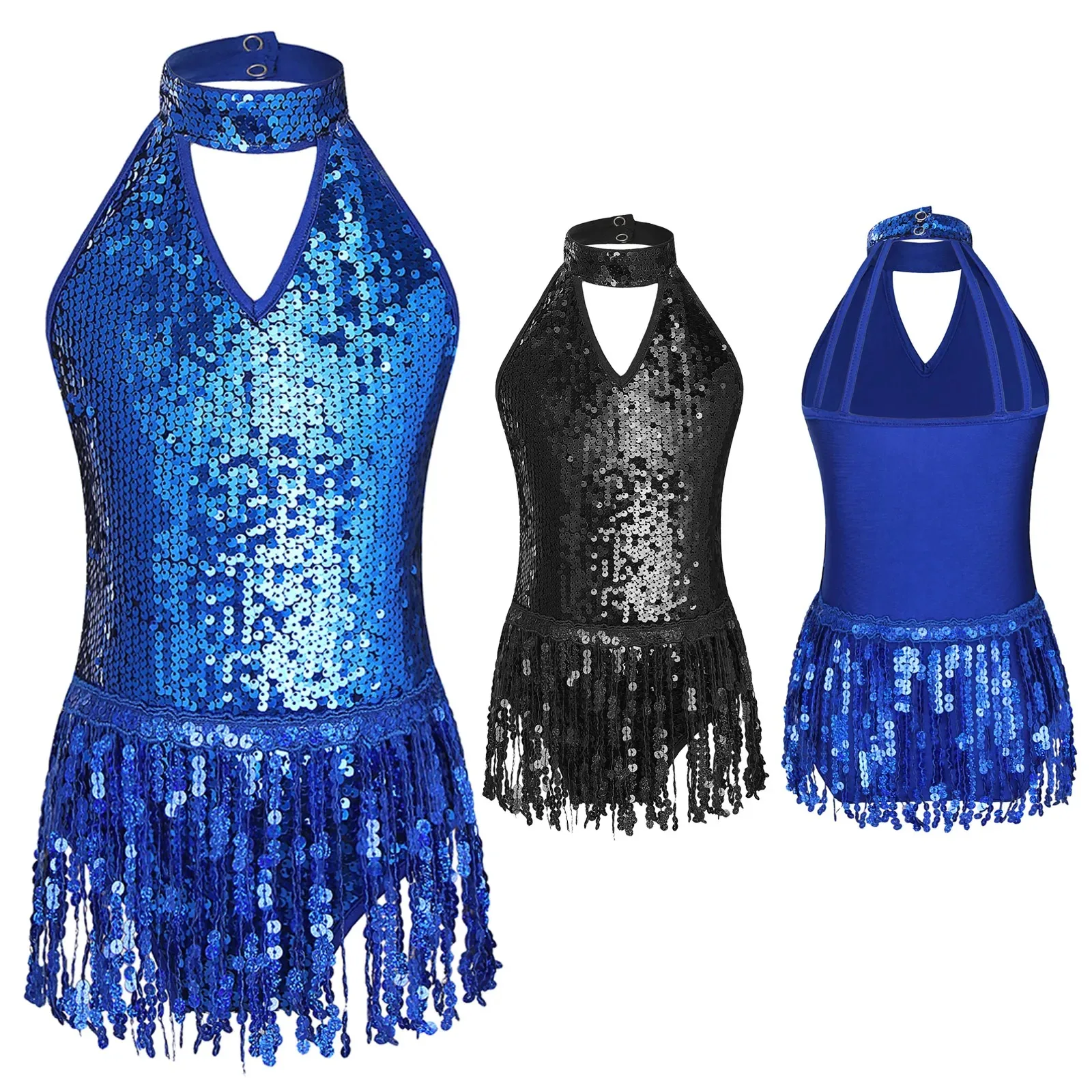 

Kids Girls Latin Dance Dress Teens Shiny Sequins Fringed Sleeveless Tassel Rumba Dancing Costume for Chacha Tango Jazz Dancewear