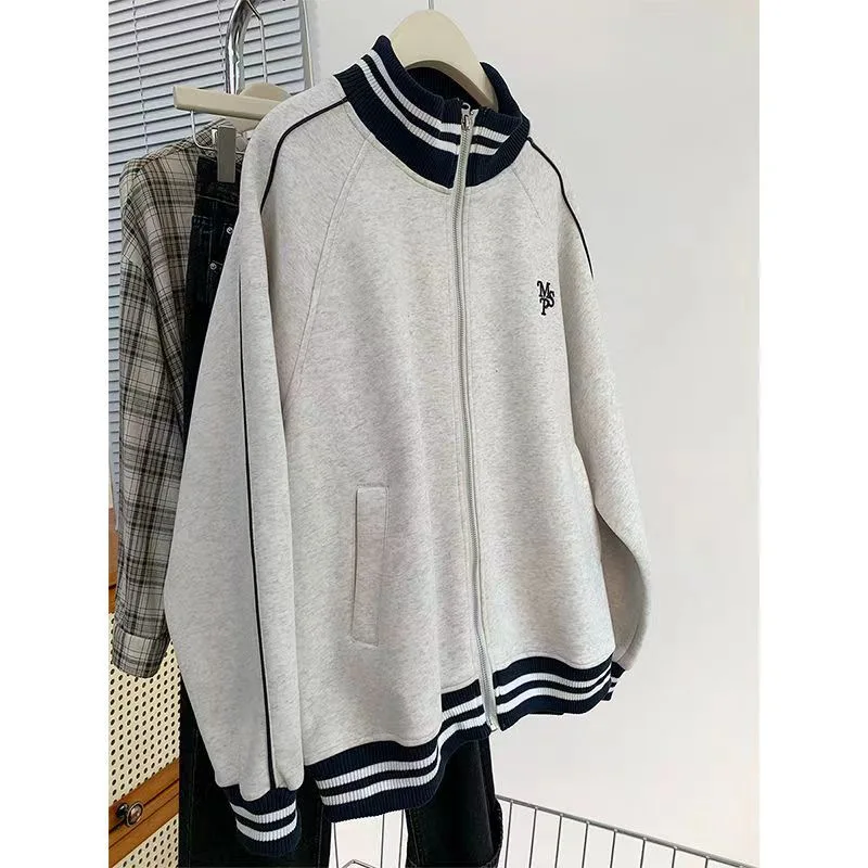 Cross-Border American Baseball For Women, Color-Block Striped Stand Collar Loose College Style Casual Sports Sweatshirt Jacket