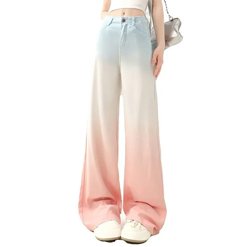 Gradient Straight Jeans Women's 2024 Spring Summer New Fried Street Plus Size Loose Casual Denim Wide Leg Pants