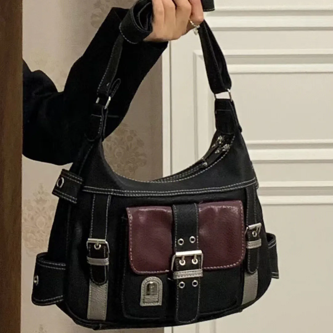 Vintage-style Soft Leather Bag Y2k Motorcycle-style Bag New Color-blocking Women's Shoulder Crossbody Bag