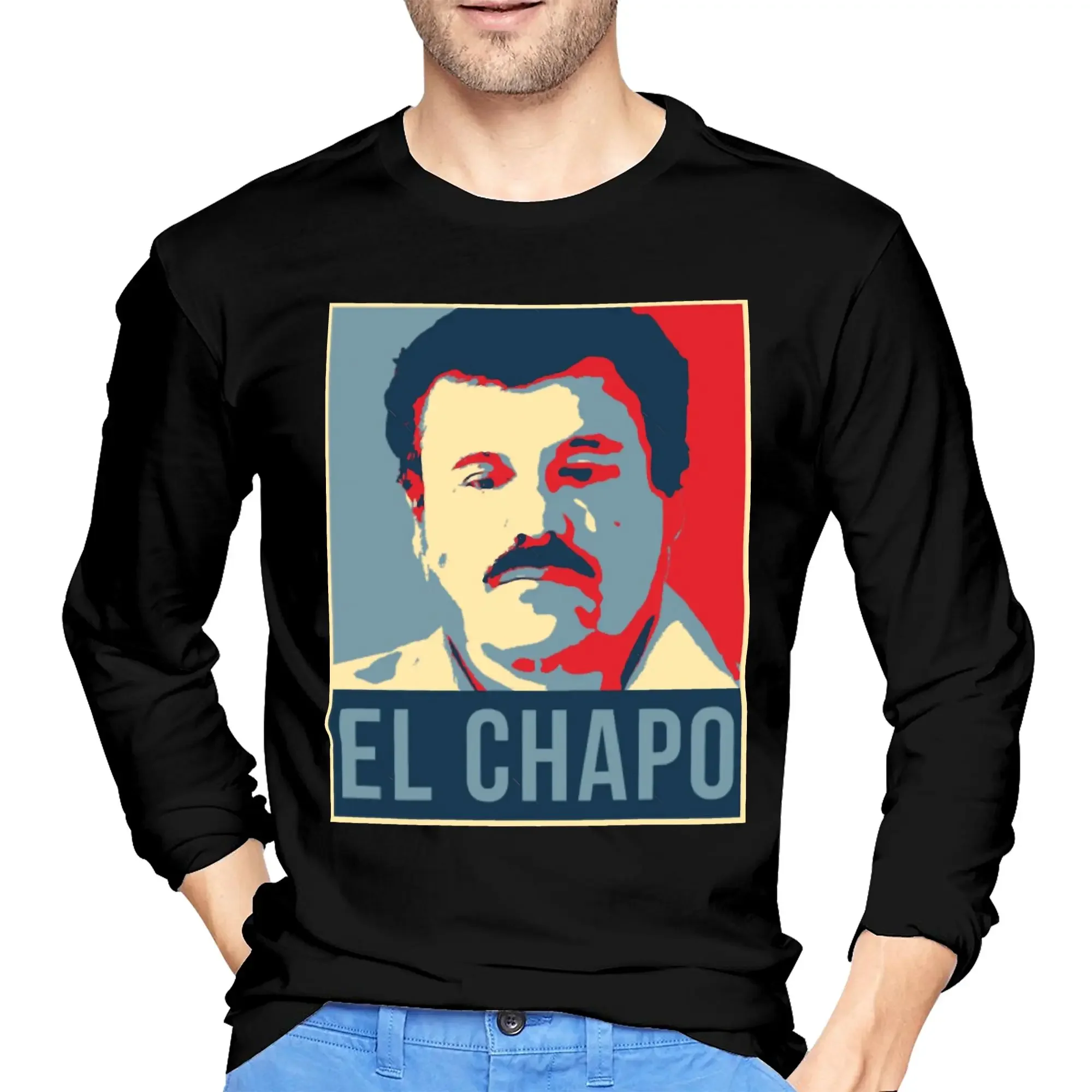 

Joaquin El Chapo Guzman Narcos Crime TV Pablo Escobar Men's Long Sleeved T-shirt Round Neck T shirts Spring and Autumn Men tops