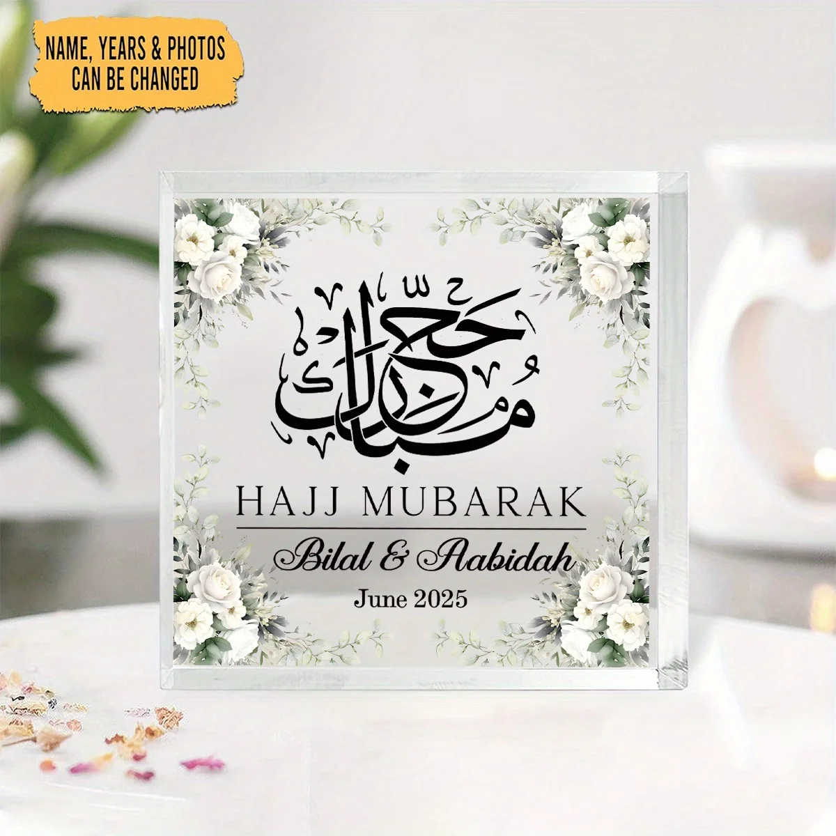 CIFBUY Acrylic Plaque Hajj Mubarak Arabic Calligraphy Floral Desktop Decor Mosque Ornament Gift