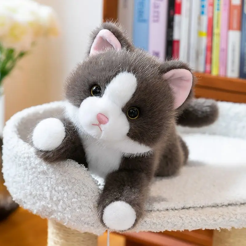 

Simulated Kitten With Three Flowers Black Cat Stripes Meow Girl Healing Birthday Gift Girl Puppet