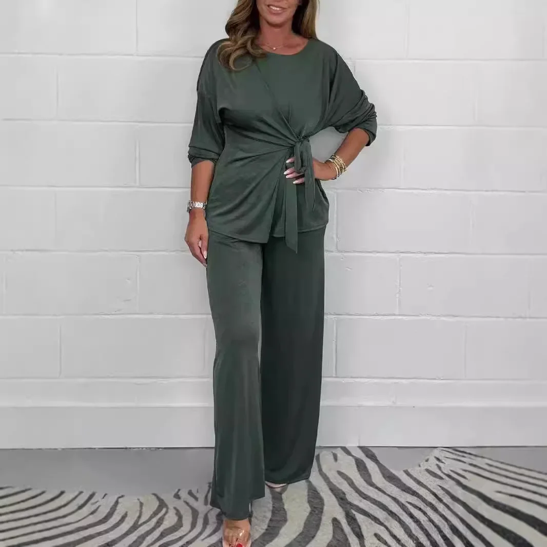 

Fashion Lace-up Slim Top Pullover & Long Pant Sets Women 2025 Spring Casual Solid Straight Suit Autumn O Neck Long Sleeve Outfit