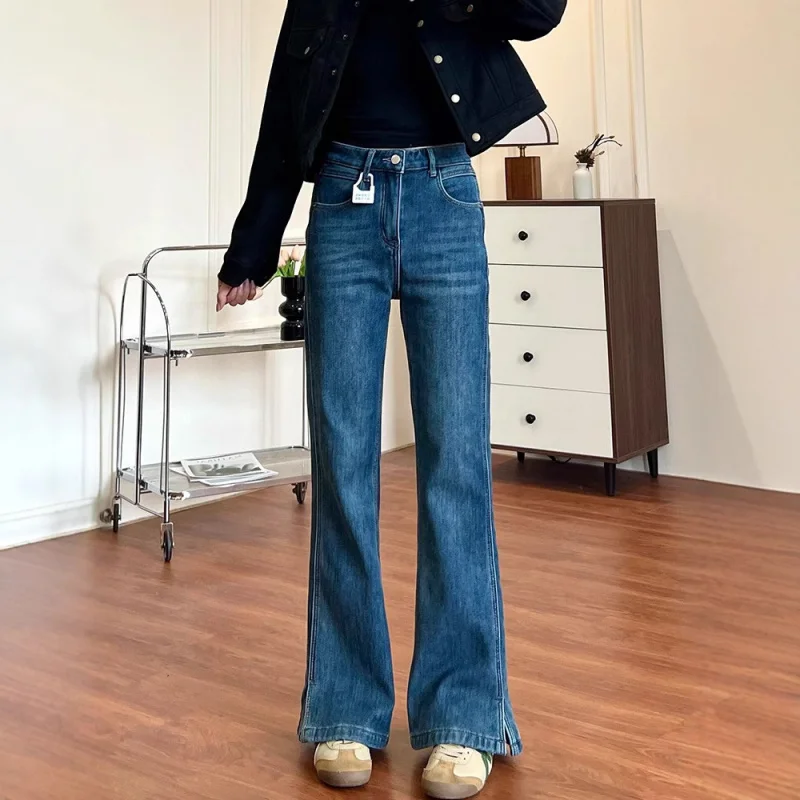 2025 Vrouwen Hoge Taille Uitlopende Jeans Zijsplit Wijde Pijpen Denim Broek Slim Fit Lange Broek Y2K Streetwear Hot