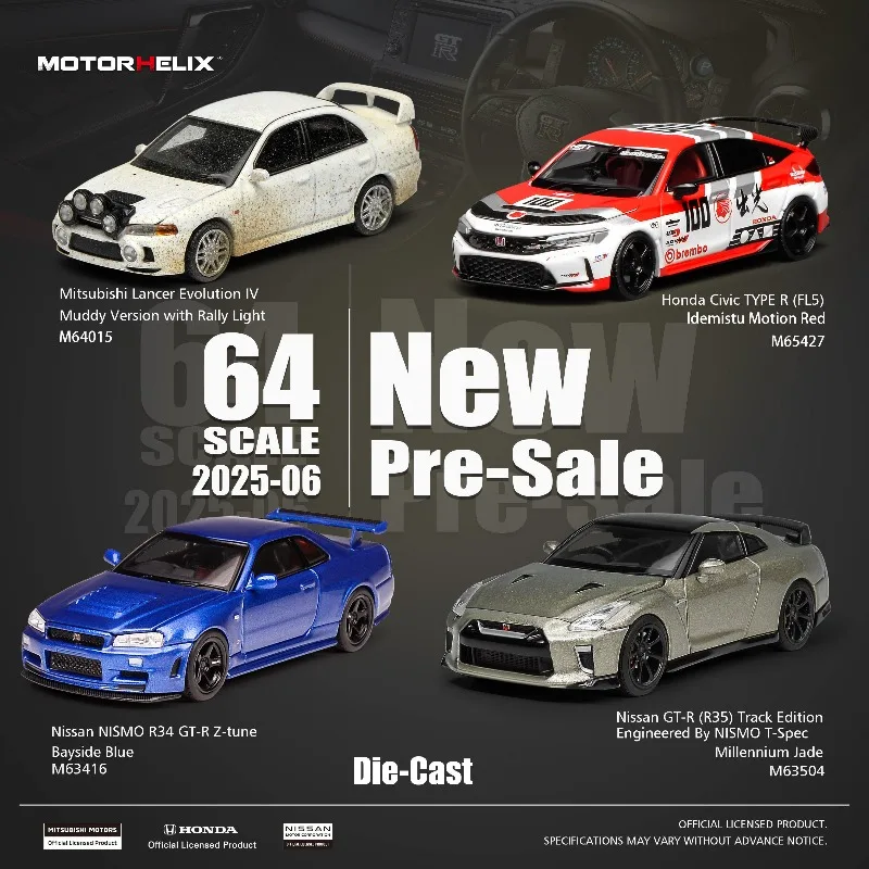Diecast MOTORHELIX MH 1:64 Scale Honda GTR R35 R34 TYPE R FL5 Mitsubishi Evo4 Alloy Car Model