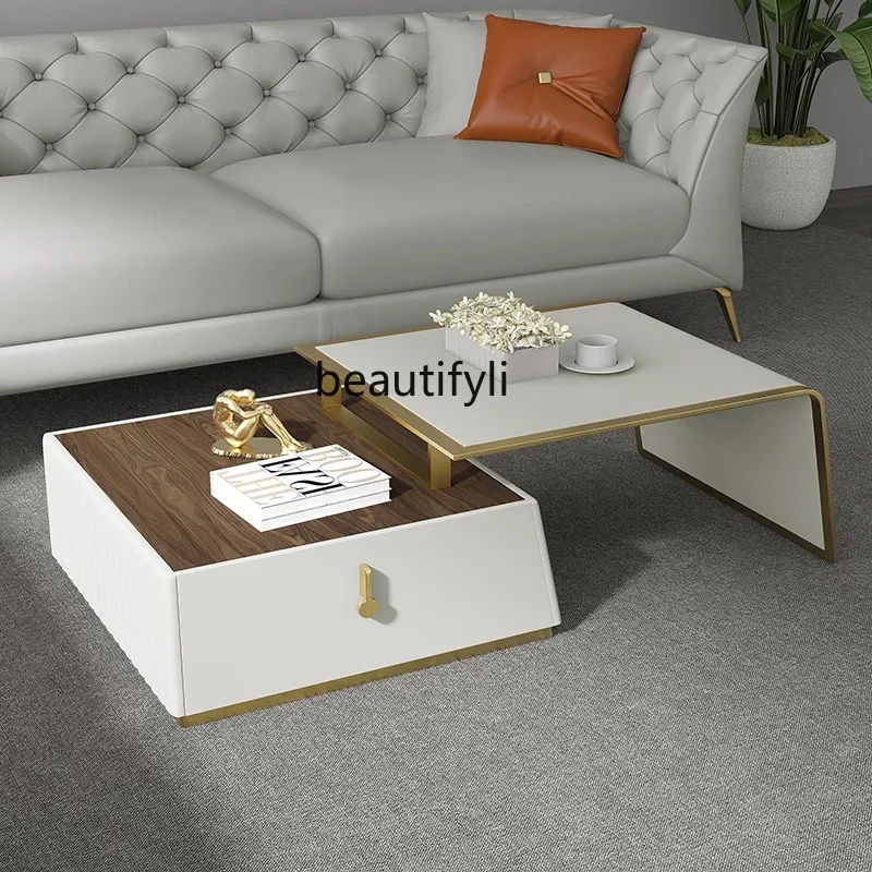 xx1xx1`Italian light luxury coffee table household  simple and modern size solid wood minimalist retractable coffee table