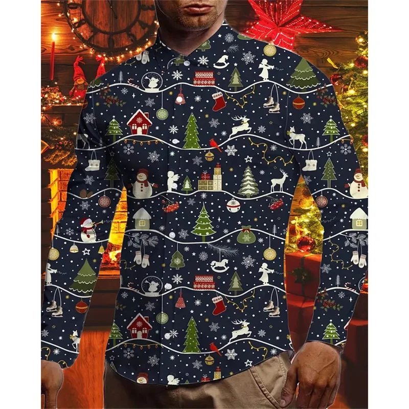 Reindeer Snowflake Pattern Hawaiian Shirts For Men Christmas Tree 3D Printed Blouse Casual Loose Aloha Shirts Long Sleeves Tops