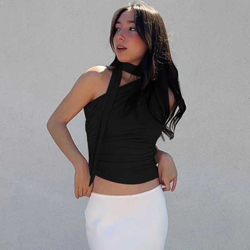 Summer Slim-fit Single Oblique Shoulder Streamer Neck Design Feel Ruffled Vest T-shirt Top
