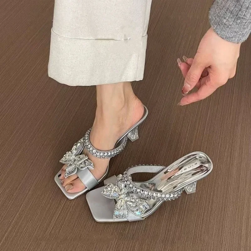 

New Fashion Strange Transparent Heels Slippers Women High Quality Crystal Bowknot Summer Sandals Open Toe Mules Slides Shoes