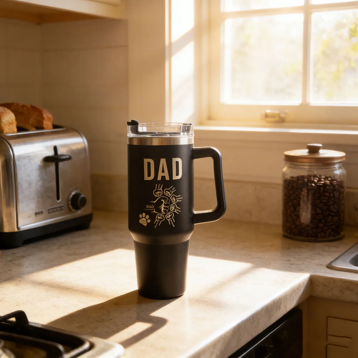 40oz Stainless Steel Tumbler with Handle - Custom Dad Gift, Personalized Laser Engraved Travel Mug for Father's Day, Birthday