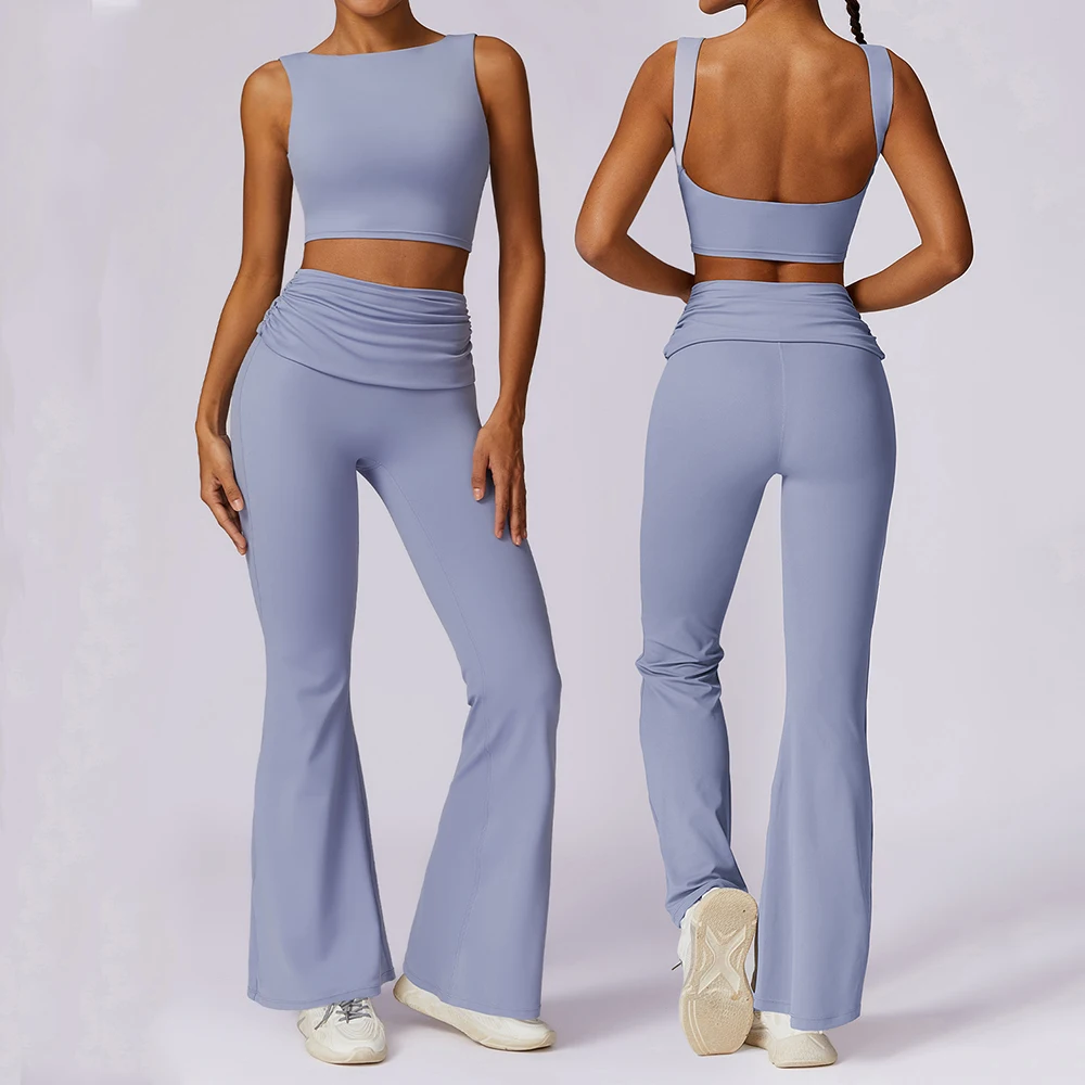

2 Pieces Workout Set Women Tracksuit Yoga Set Gym Clothing Sexy Fitness Vest Crop Top High Waist Flared Leggings Sports Suits