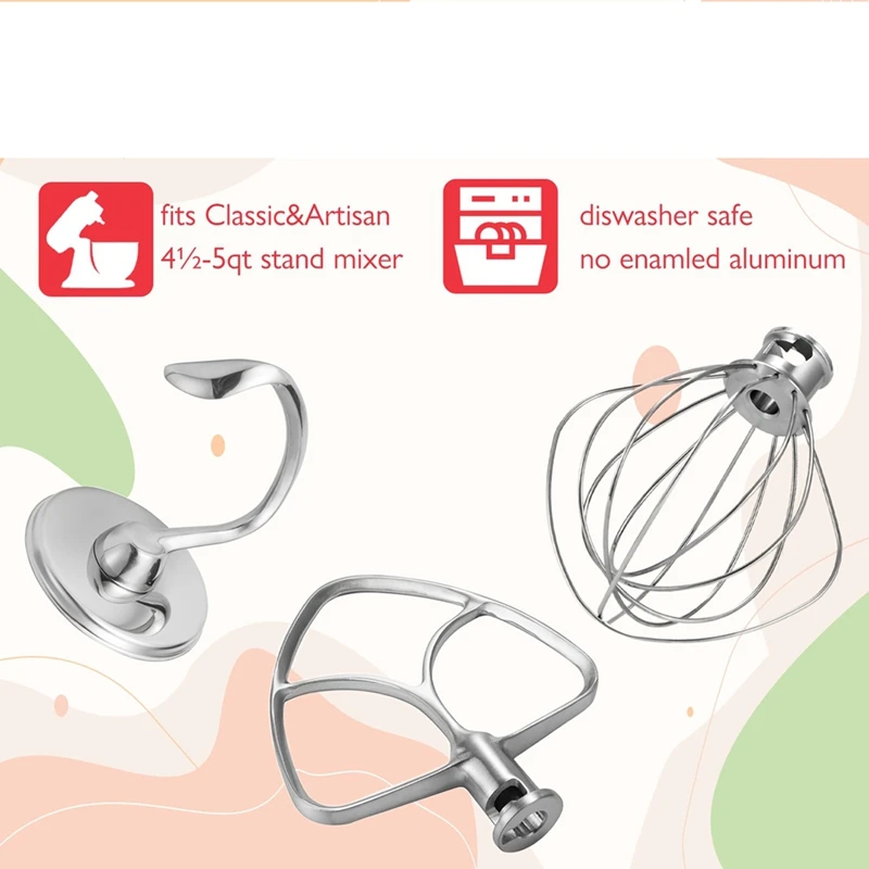 Roestvrijstalen accessoires voor Kitchenaid 4,5-5 Qt standmixer met kantelkop, inclusief 6-draads garde, platte klopper, deeghaak