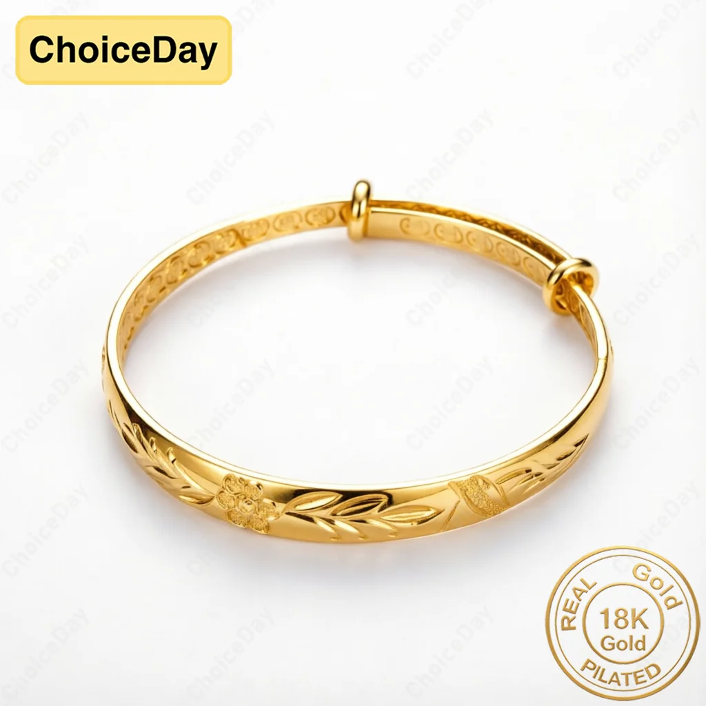 18K Gold Plated Hand-carved flowers Adjustable Bangles For Women Men Wedding Engagement Party Jewelry