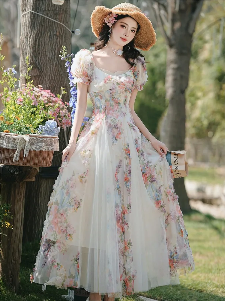 

Heavy industry three-dimensional flower design long flowing dress