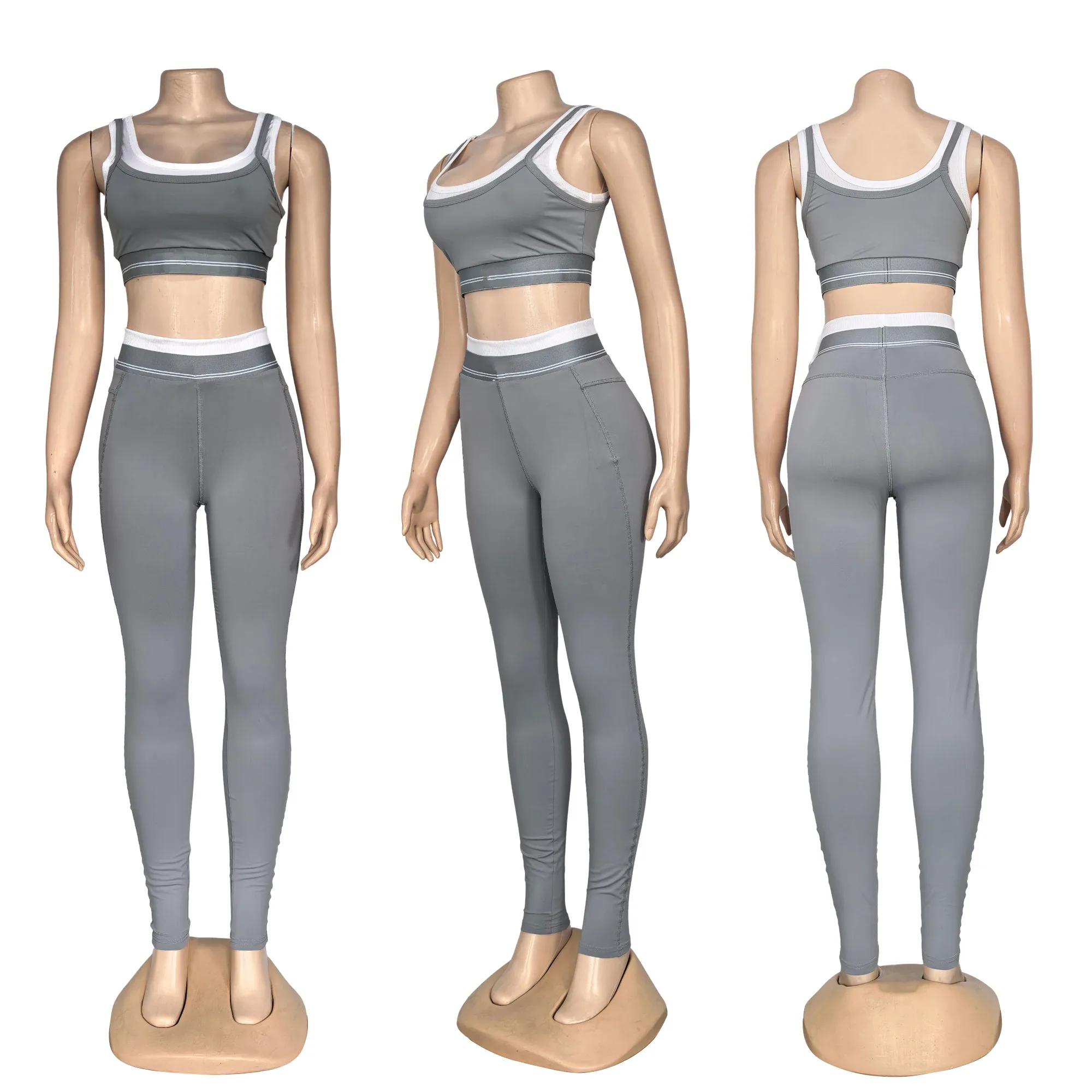 Q6368 Double-layer spliced halter top High-waisted hip lift and tummy control yoga wear Quick-drying fitted workout set