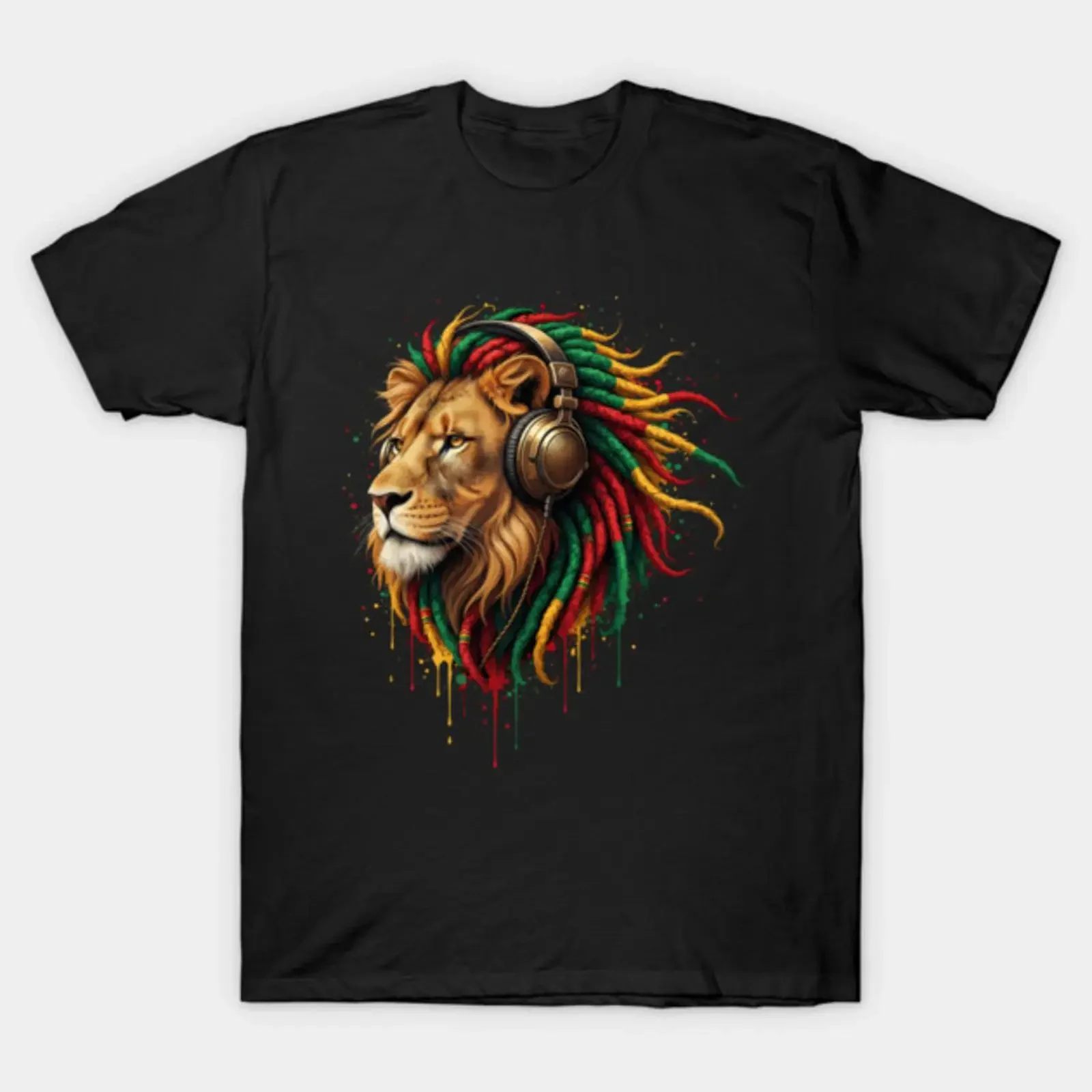 Reggae Rasta Lion Music Headphone Dreadlocks T Shirt vintage Washed Versatile Stretched designer clothes streetwear Slightly