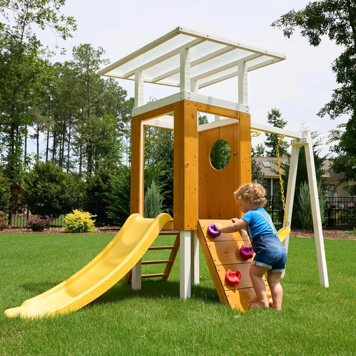 

Wooden Toddler Swing Set Slide Rock Wall Ladder Fort Handles 18m-5y Indoor Outdoor, Customized