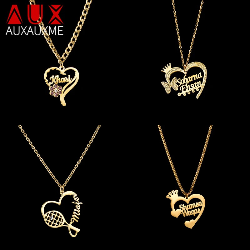 

Auxauxme Custom Heart Name Necklace Women Stainless Steel Butterfly Crown Tennis Racket Zircon Personalized Pendant Jewelry Gift