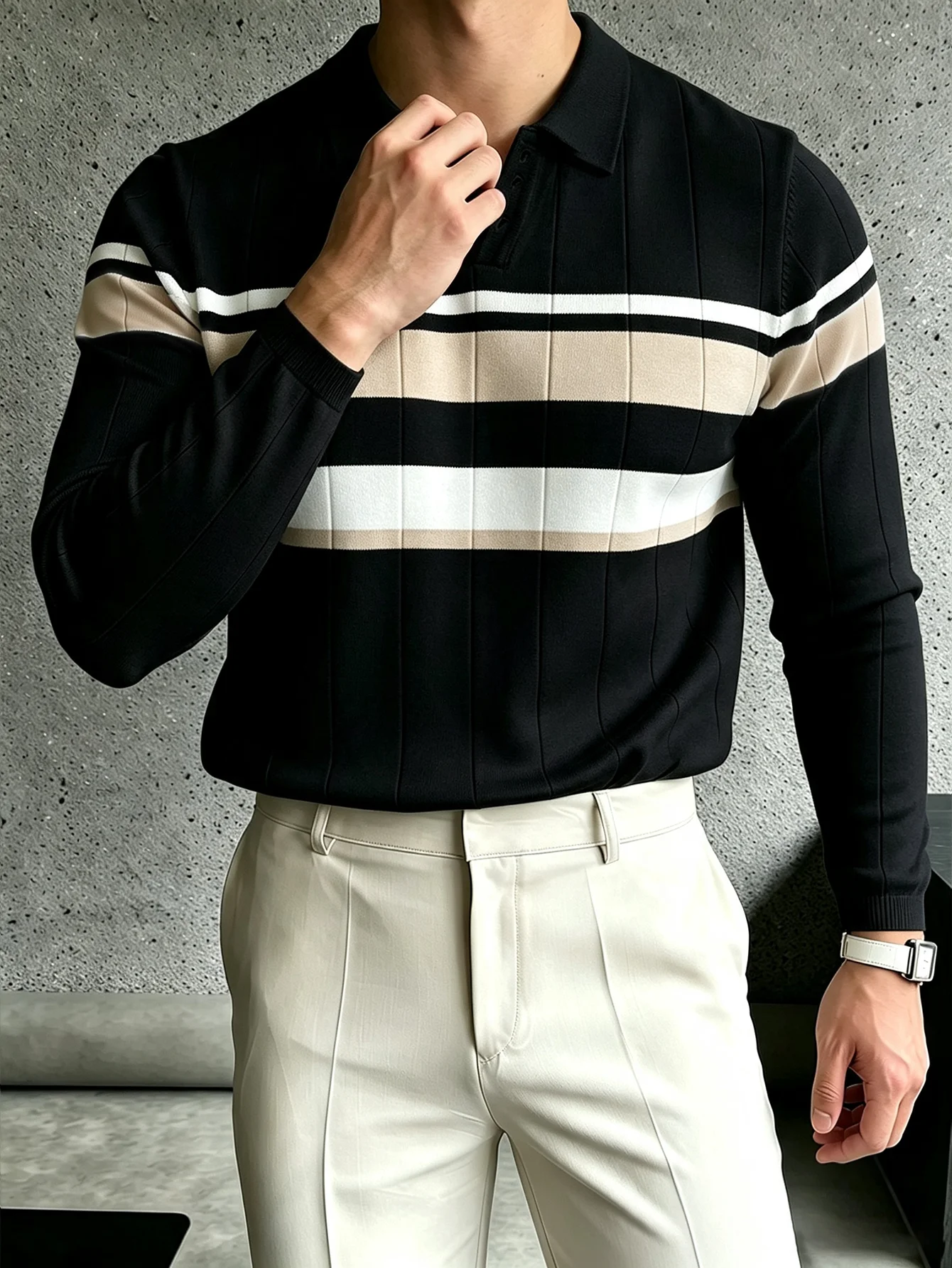 Vertikal geripptes Herren-Polohemd mit Streifen, langärmelig, mit Reverskragen, schmal geschnitten, lässig, für Business-Anlässe, Herrenoberteil, Polera Hombre – Detail 9