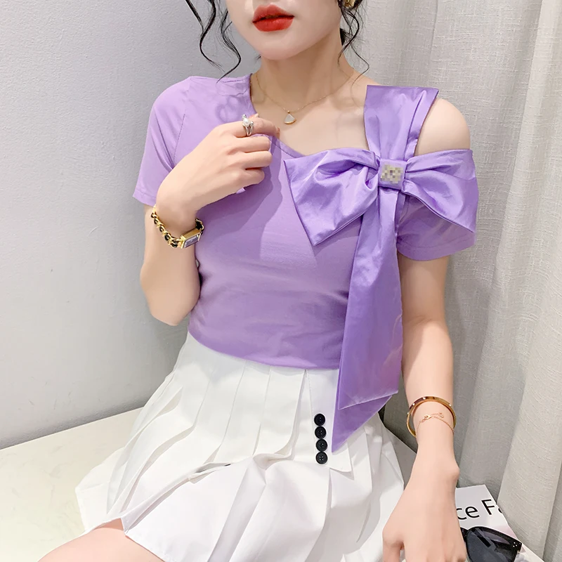 2023 Summer Korean Style New T-Shirt Chic Sexy Hollow Out Skew Collar Color Blocking Big Bow Women Tops Short Sleeve Tees 32480