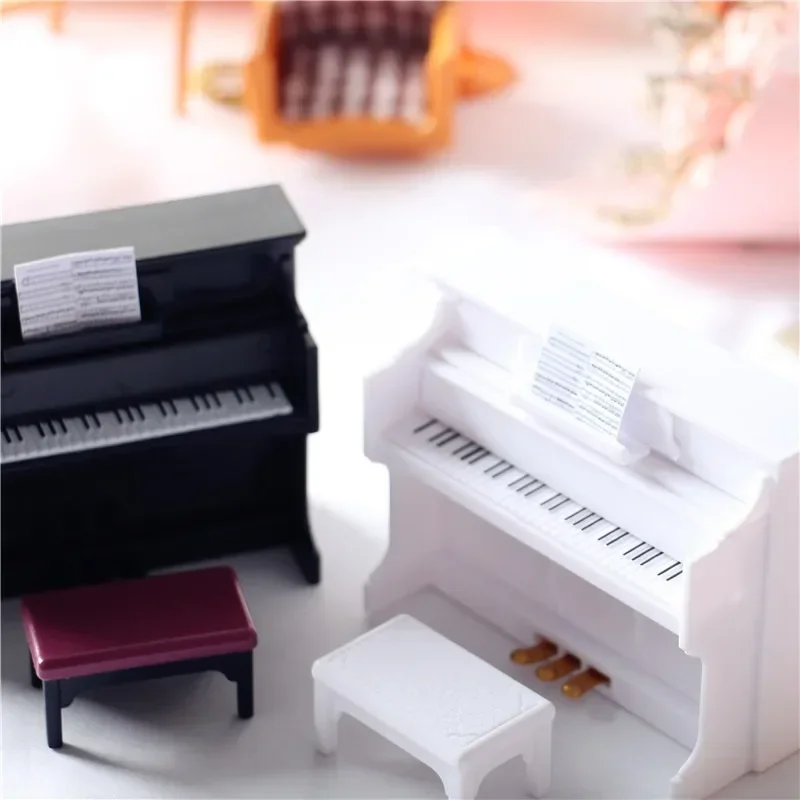 Tiny Furniture Model Dollhouse Ornament Upright Piano with Stool Miniature Set Simulation Prop for Music Scene Shooting Decor